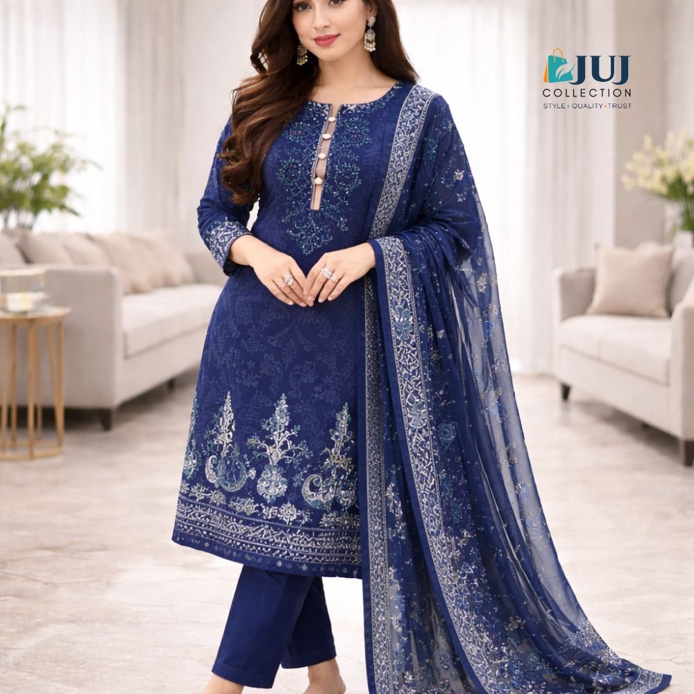 প্রিমিয়াম প্রিন্টেড থ্রি পিস – এলিগেন্ট ব্লু & হোয়াইট ডিজাইন